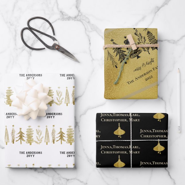 White Black Gold Familie Weihnachtsbaum Streifen B Geschenkpapier Set (Vorderseite)