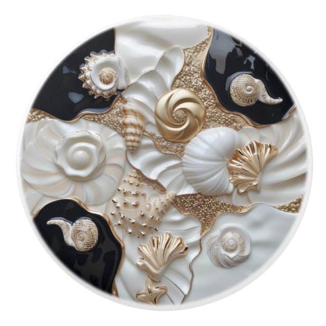 White Black Gold Seashells 3D-Effekt Keramikknauf (Vorderseite)