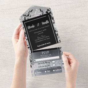 White Black Gray Moderne Minimal Blumenhochzeit All In One Einladung