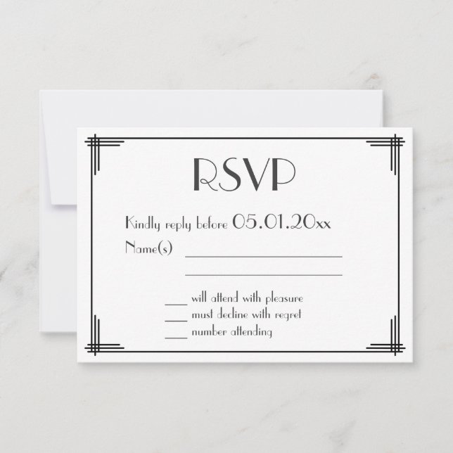 White Black Great Gatsby Art Deco Wedding RSVP Karte (Vorderseite)