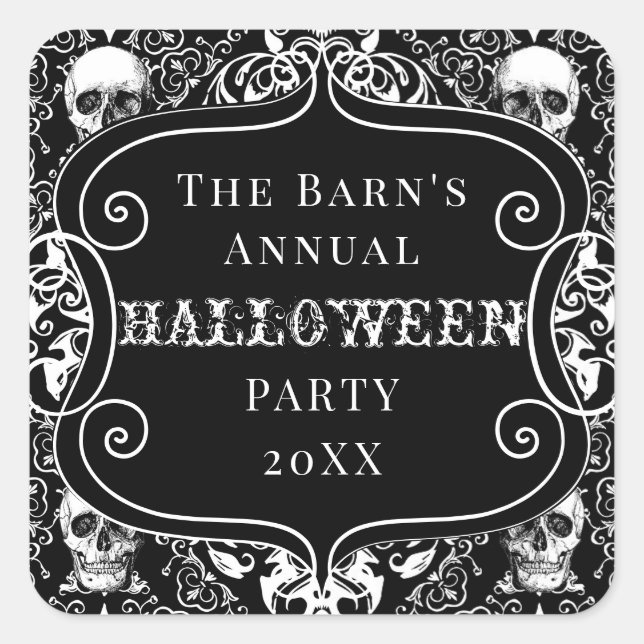 White Black Halloween Damask Skull Gothic Custom Quadratischer Aufkleber (Vorderseite)