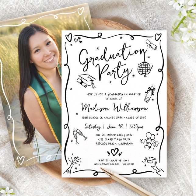 White Black Hand Drawn Doodle Photo Graduate Party Einladung (Von Creator hochgeladen)