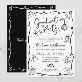 White Black Hand Drawn Doodles Graduation Party Einladung