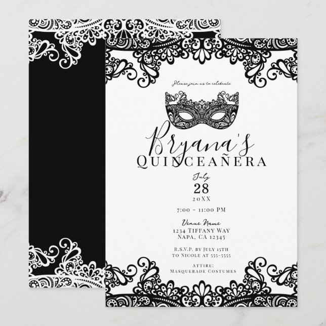 White & Black Lace Masquerade 15. Quinceañera Einladung (Vorne/Hinten)