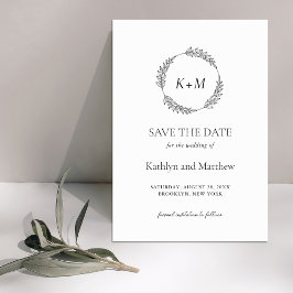 White Black Leaf Wreath Modern Monogram Wedding Save The Date