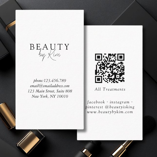 White & Black Minimal Elegant, Salon QR Code Visitenkarte (White & Black Minimal Elegant, Salon QR Code Business Card)