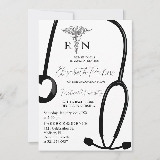 White Black RN Nursing School Graduation Party Einladung (Vorderseite)