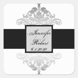 White Black Silver Damask Wedding Umschlag Aufkleb Quadratischer Aufkleber