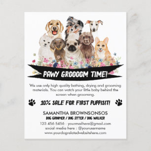 White Black Simple Floral Illustriert Dog Groomer Flyer