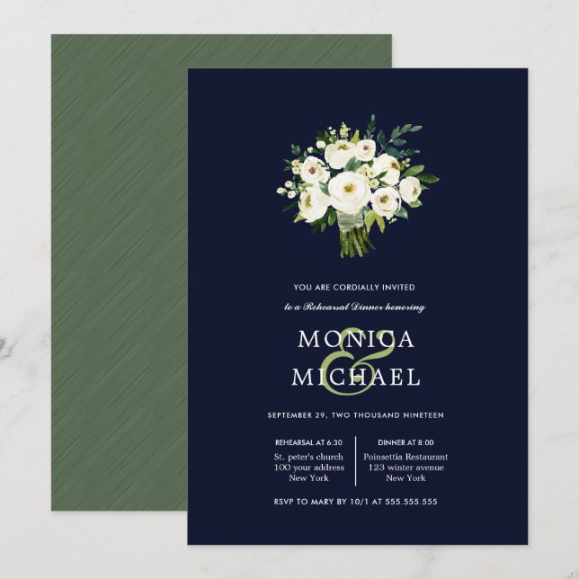 White Bloom blue Bouquet Hochzeit Probe Dinner Einladung (Vorne/Hinten)