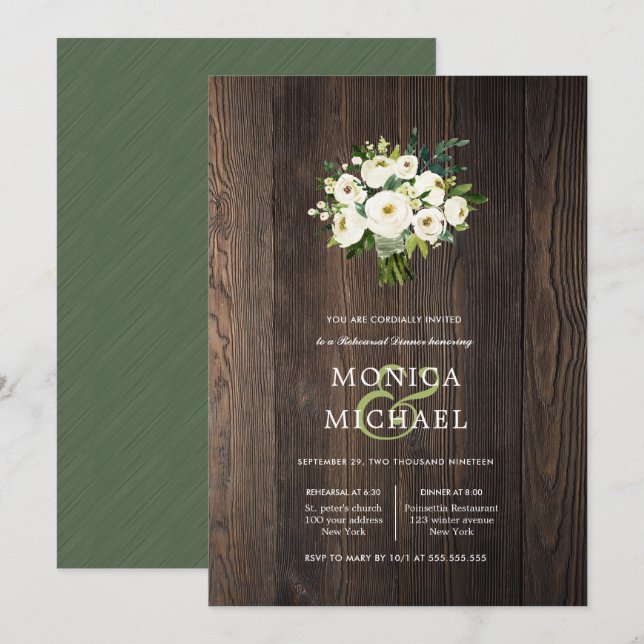 White Bloom Wood Bouquet Hochzeit Probe Dinner Einladung (Vorne/Hinten)