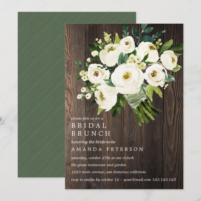 White Bloom Wood Bouquet Wedding Bridal Brunch Einladung (Vorne/Hinten)