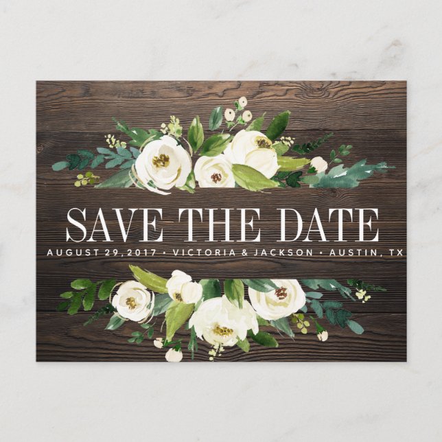 White Bloom wood Floral WEDDING speichern Sie das  Ankündigungspostkarte (Vorderseite)