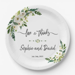 White Blooming Floral Handwriting Liebe und Danke Pappteller