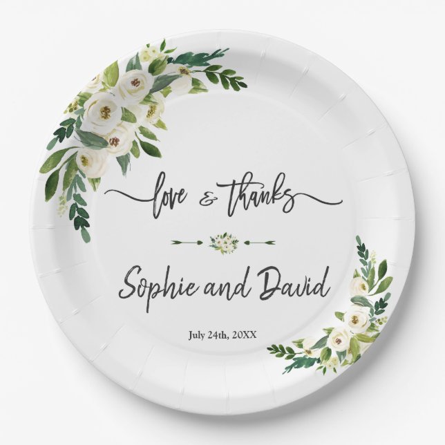 White Blooming Floral Handwriting Liebe und Danke Pappteller (Vorderseite)