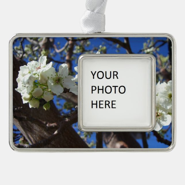 White Blossom Cluster Frühlingsblühende Birnbaum Rahmen-Ornament Silber (Vorderseite)
