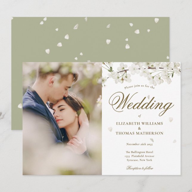 White Blossom Floral Gold Script Foto Einladung (Vorne/Hinten)