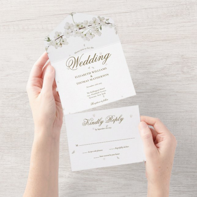 White Blossom Floral Gold Script Monogram Wedding All In One Einladung (Abreißen)