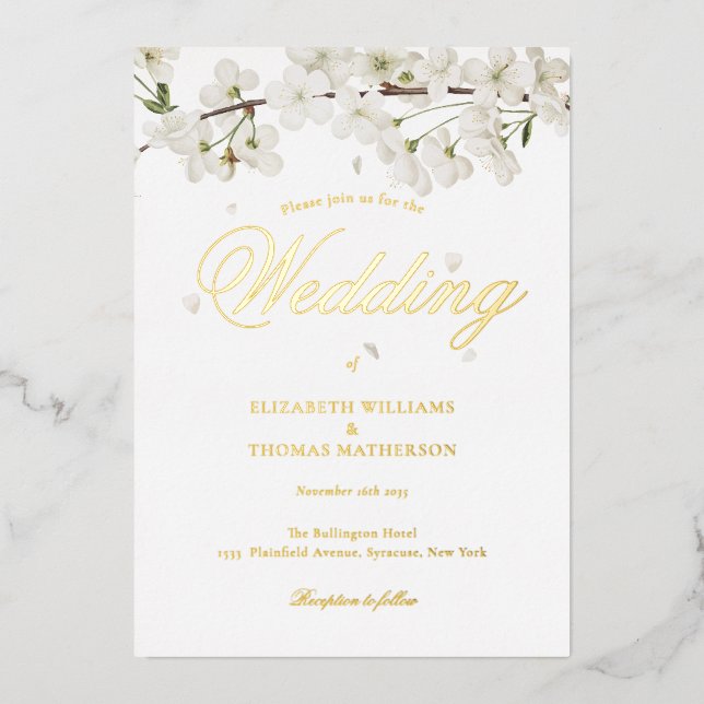 White Blossom Hochzeit Elegantes Script Gold Folieneinladung (Vorderseite)