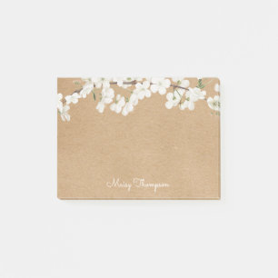White Blossom Rustic Kraft Script Name Post-it Klebezettel
