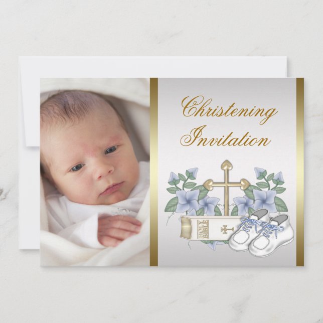 White Blue Baby Boy Foto Christening Einladung (Vorderseite)