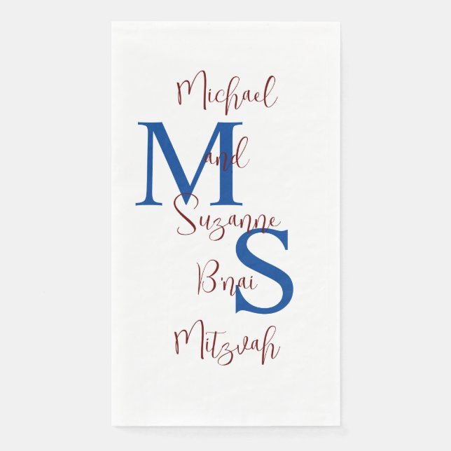 White Blue Burgundy B'nai Mitzvah Name Monogram Serviette (Vorderseite)