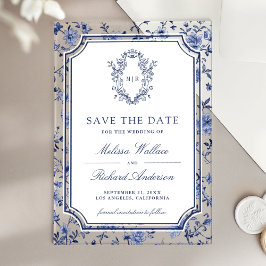 White Blue Chinoiserie Crest Wedding Save the Date Acryleinladungen