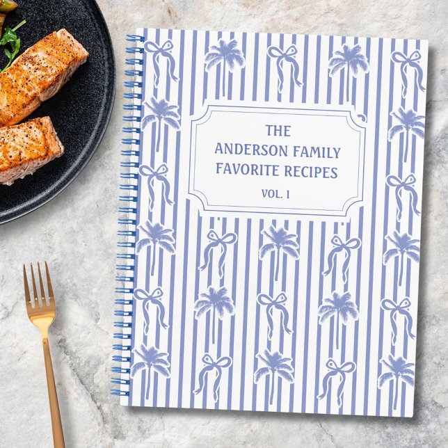 White Blue Coastal Chic Stripes Family Recipe Book Notizbuch (In situ)