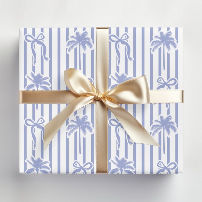 White Blue Coastal Palm Trees Bows Stripes Pattern Geschenkpapier (In situ)