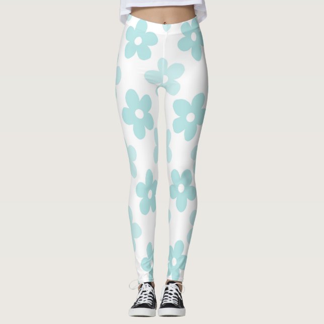 White Blue Daisy Blume Retro Muster Leggings (Vorderseite)