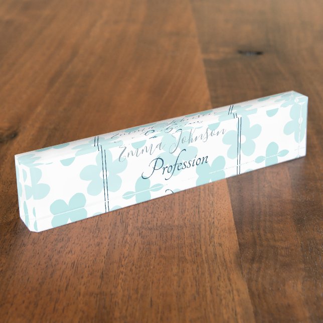White Blue Daisy Blume Retro Muster Namensplakette (Seite)