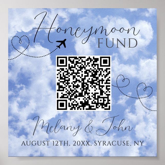 White & Blue Elegant QR Code Honeymoon Fund Signat Poster (Vorne)