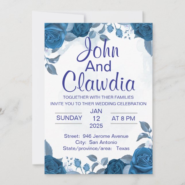 white blue floral geometric wedding invitation (Devant)