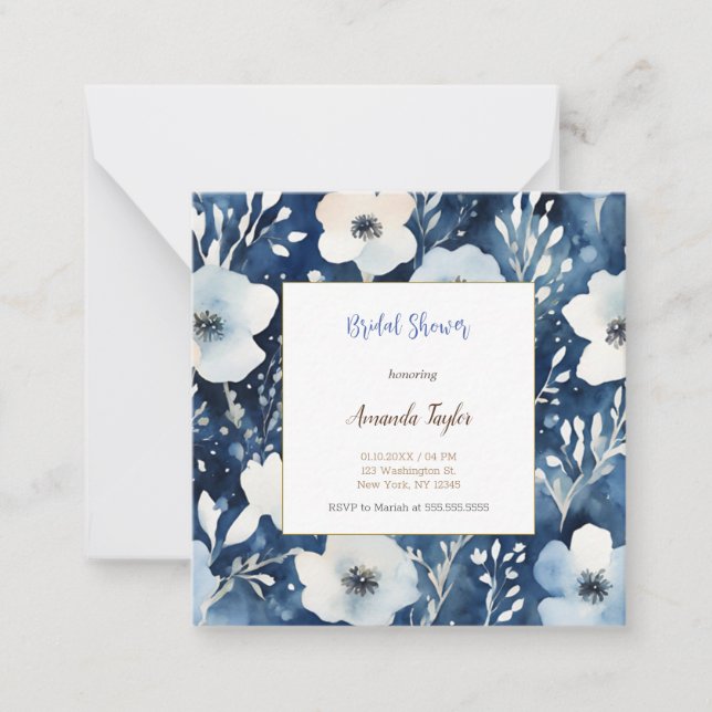 White Blue Flowers Minimale Brautparty Card Mitteilungskarte (Vorderseite)