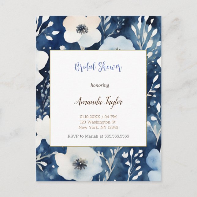 White Blue Flowers Minimale Brautparty Card Postkarte (Vorderseite)