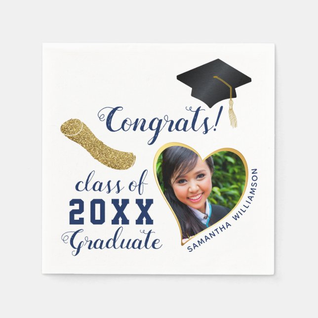 White Blue Gold Class 2025 Graduate Abschluss Serviette (Vorderseite)