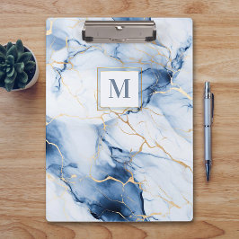 White Blue Gold Marble Monogram Initial Clipboard Klemmbrett