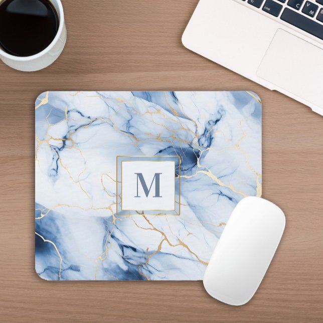 White Blue Gold Marble Monogram Initial Mousepad (Von Creator hochgeladen)