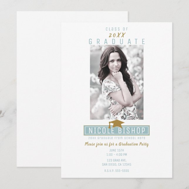 White Blue Gold Moderne Foto Graduation Party Einladung (Vorne/Hinten)