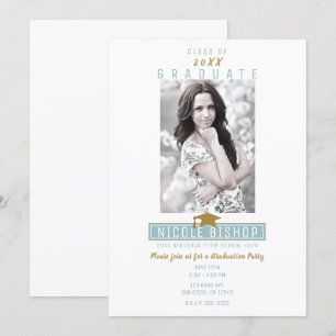 White Blue Gold Moderne Foto Graduation Party Einladung