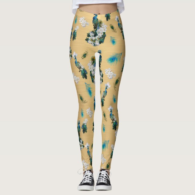 White & Blue-Green Royal-Peacocks auf Gold Leggings (Vorderseite)