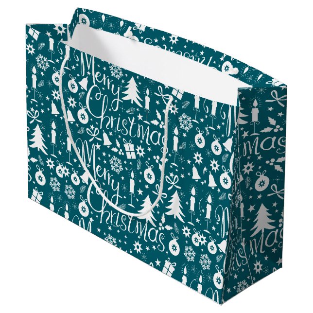 White Blue Green Weihnachts-Thema Muster Große Geschenktüte (Rückseite Schrägansicht)