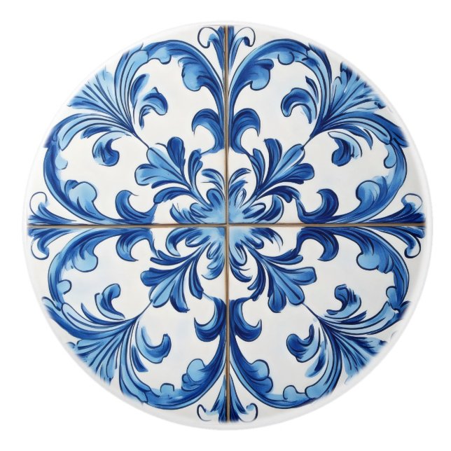 White Blue Italia Tile Pattern Keramikknauf (Vorderseite)