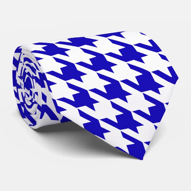 White Blue Large Hahnentrittmuster Karo Krawatte (Gerollt)