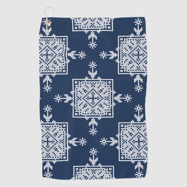 White Blue Mosaic Aztec Muster Indian Eth Golfhandtuch (Vorderseite)