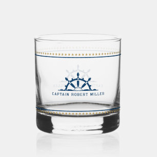White & Blue Nautical Boat Wheel Gold Stars Whiskyglas