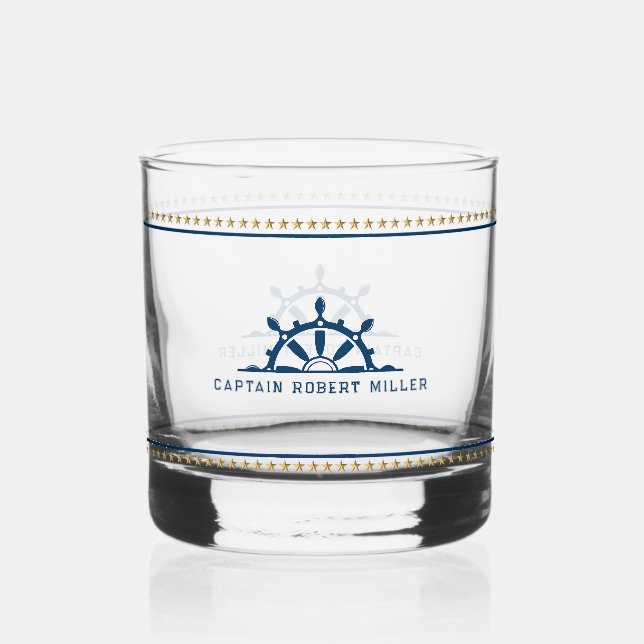 White & Blue Nautical Boat Wheel Gold Stars Whiskyglas (Vorderseite)