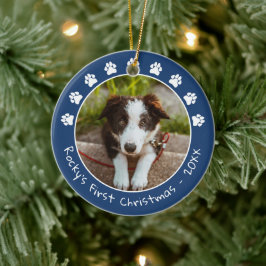 White Blue Paw druckt Pets erstes Weihnachtsfest-F Keramik Ornament