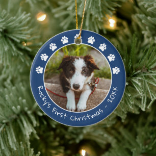 White Blue Paw Prints Pet Erstes Weihnachtsfest Fo Keramik Ornament