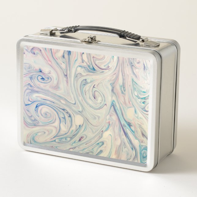 White Blue Pink Modernes Abstraktes Fluid Marbella Metall Brotdose (Vorderseite)